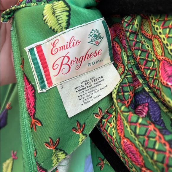Vintage 70s Emilio Borghese Roma Green Patterned Maxi Dress - Picture 6 of 6